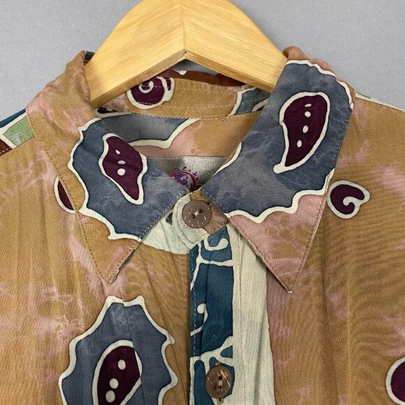 Vintage Batik Shirt Men Paisley Abstract Button-Up Rayon Short Sleeve Size Large - Picture 12 of 12